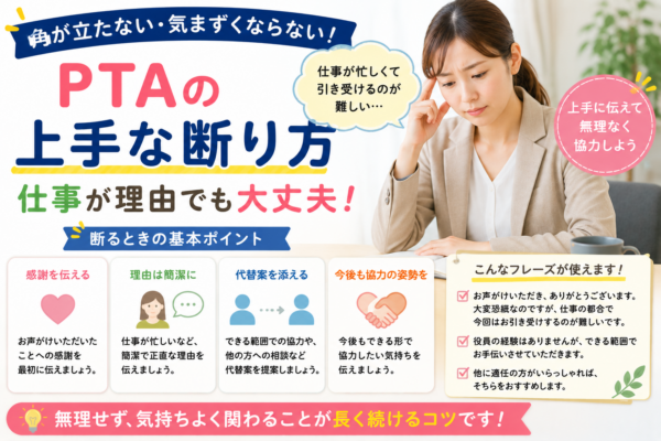 仕事を理由にPTA役員や係を断りたい保護者向けに、感謝を伝え、理由を簡潔に説明し、必要に応じて代替案を添える角が立ちにくい断り方を紹介する画像